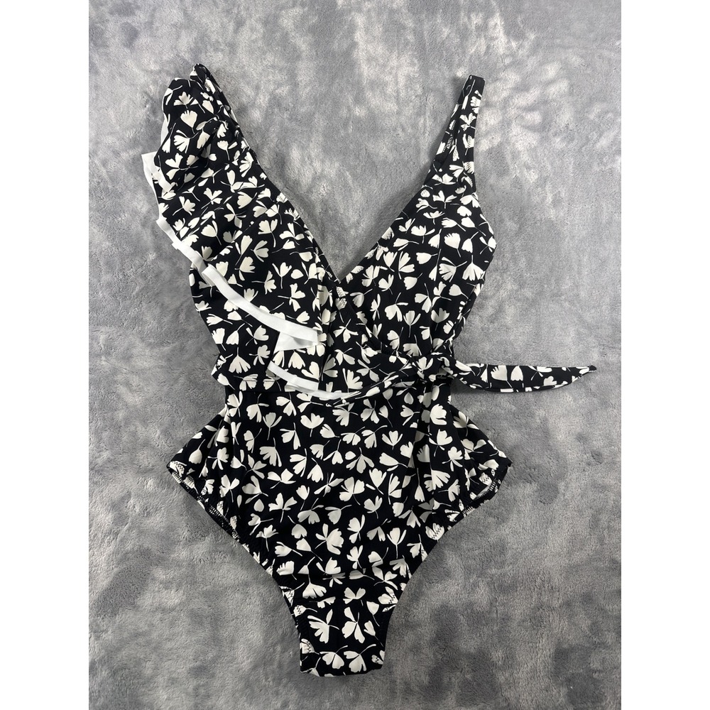 Profile by Gottex Black White Floral Ruffle One Piece Swimsuit Size 6 24052132